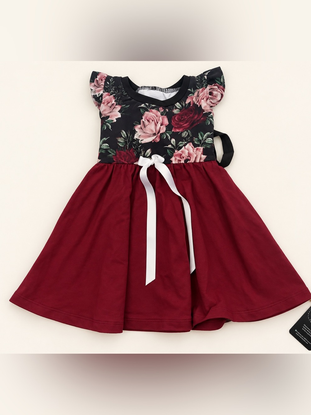 Toddler Floral Bodice Burgundy Skirt Dress with White Bow